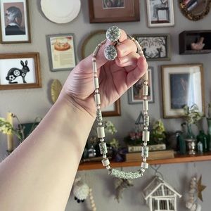Clay or Stone Beaded Necklace with Matching Clip On Earrings
